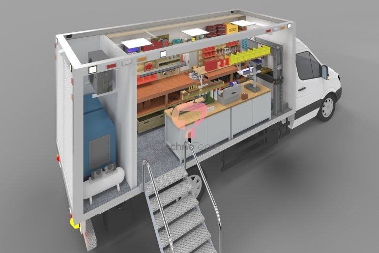 Offener Transporter mit Regalen und Arbeitsflächen als mobile Werkstatt