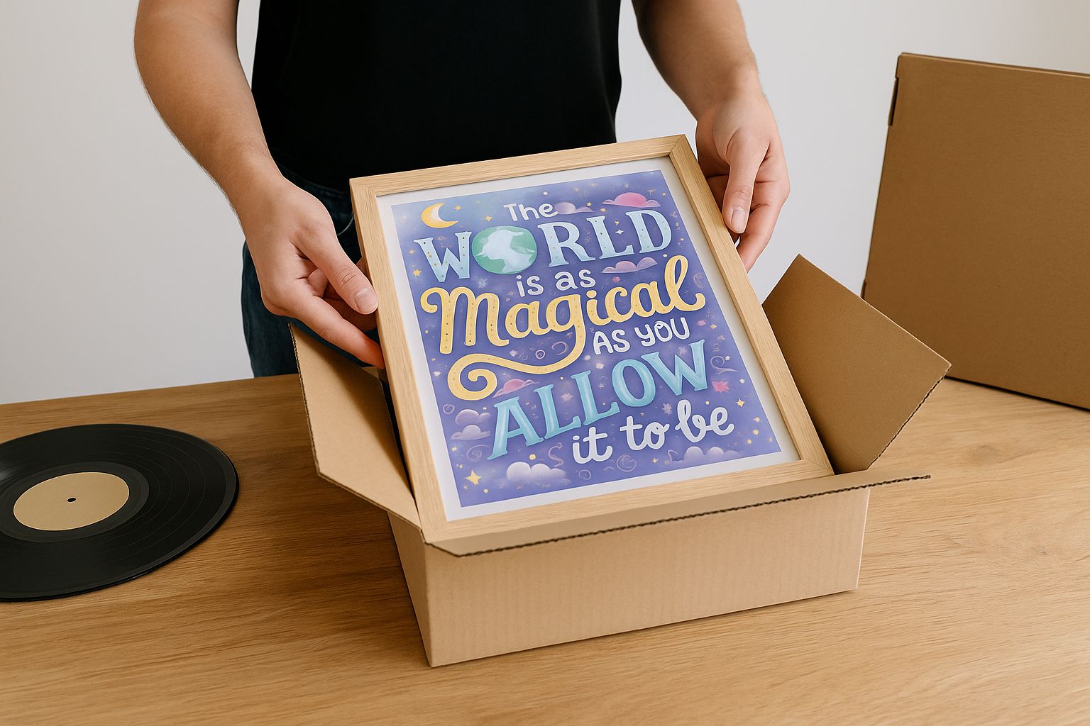 Künstler verpackt sorgfältig Kunstwerke in Kartons für den Versand.