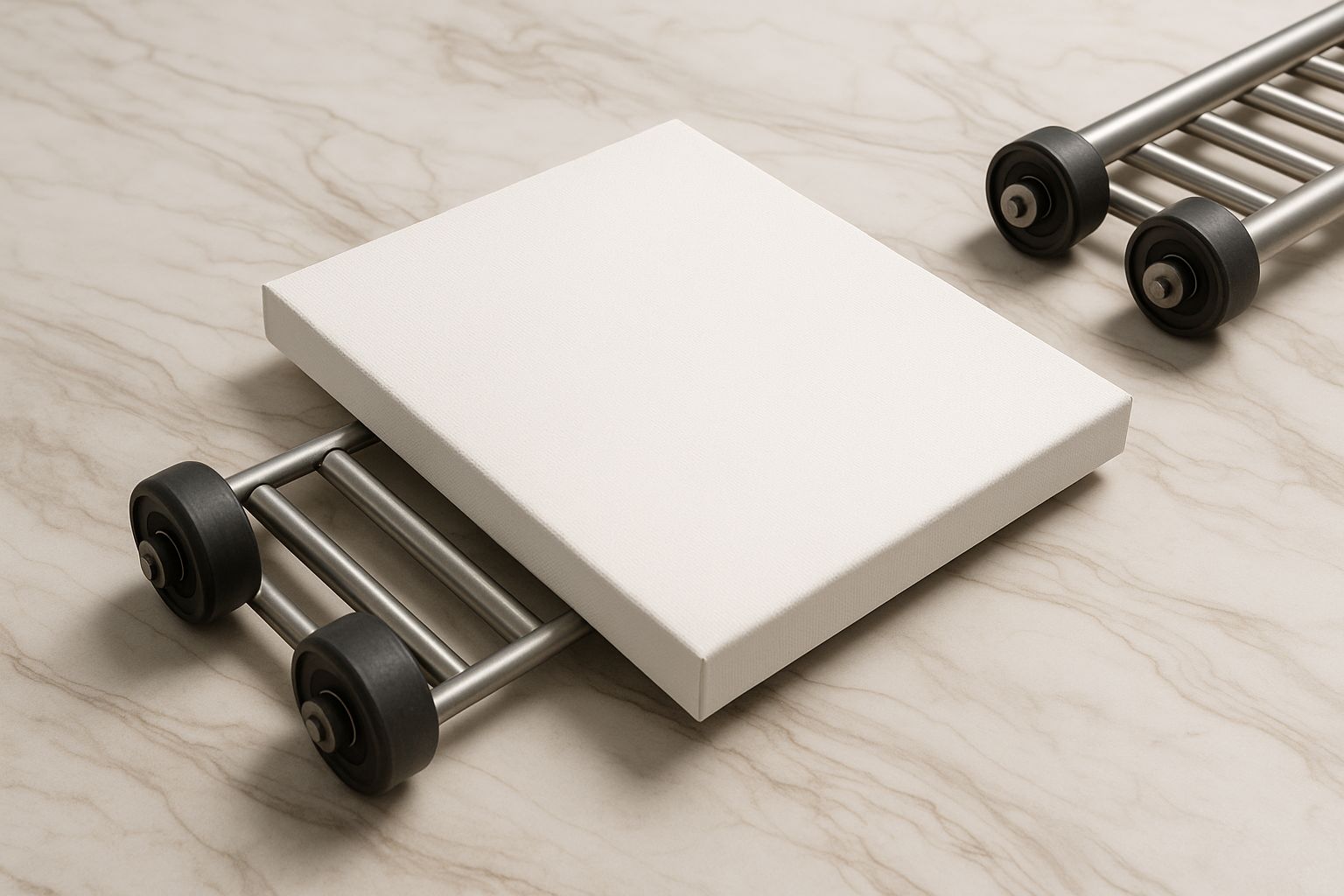 Leere Leinwand auf Förderband, bereit für Versand