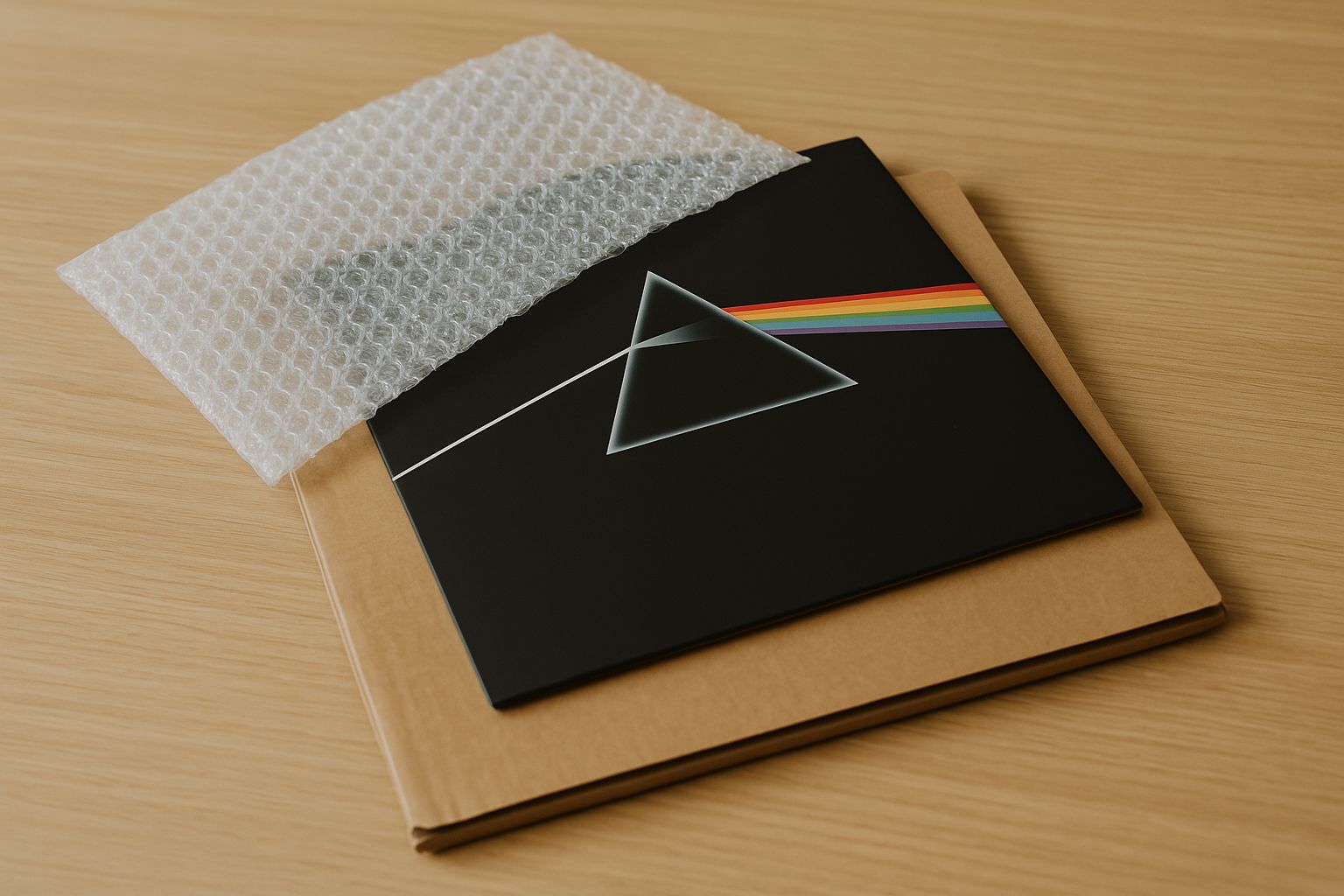 Nahaufnahme einer Hand, die eine Vinylplatte in braunes Versandmaterial einwickelt.